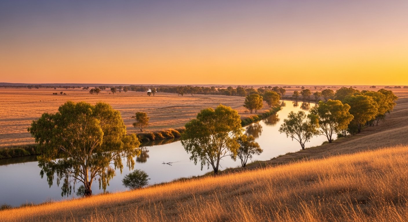 Serene Australian Riverina landscape at golden hour with eucalyptus trees and soft amber light evoking calm and balance